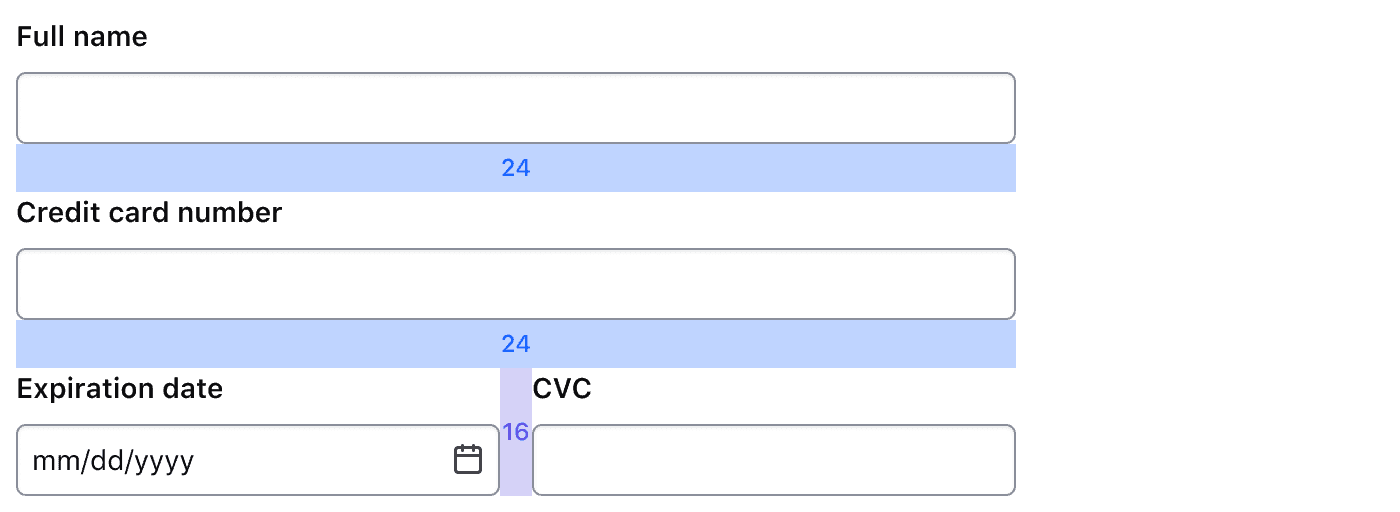 Three credit card information fields arranged with one full width field followed by a row of two side-by-side equal width fields